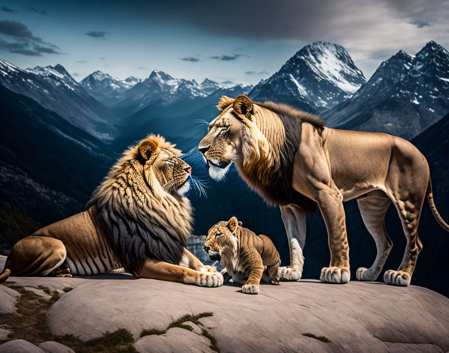 Male, female, and cub lions on rocky outcrop with mountain backdrop