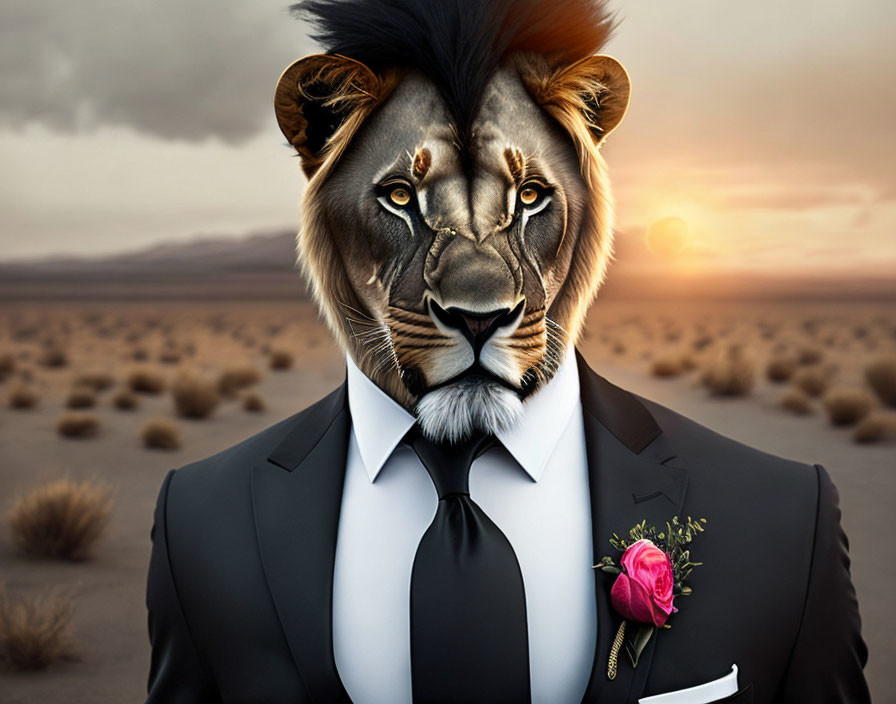 Lion head on human body in suit with desert sunset.