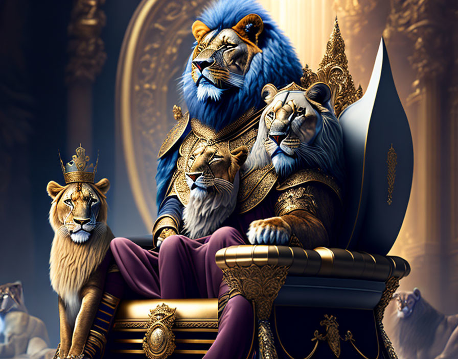 Regal lions in royal attire on throne in ornate room