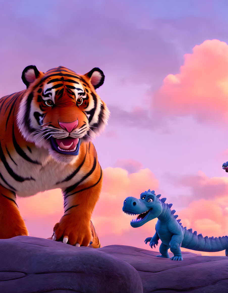 Colorful Tiger and Dinosaur Playful in Pink and Purple Sky