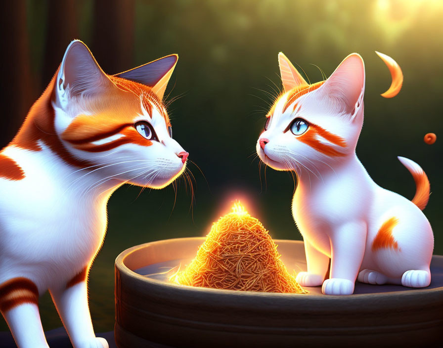 Two animated cats with orange and white fur admiring magical yarn under warm light