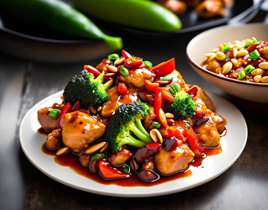 Savory stir-fried chicken with broccoli, bell peppers, peanuts, sesame seeds, and green