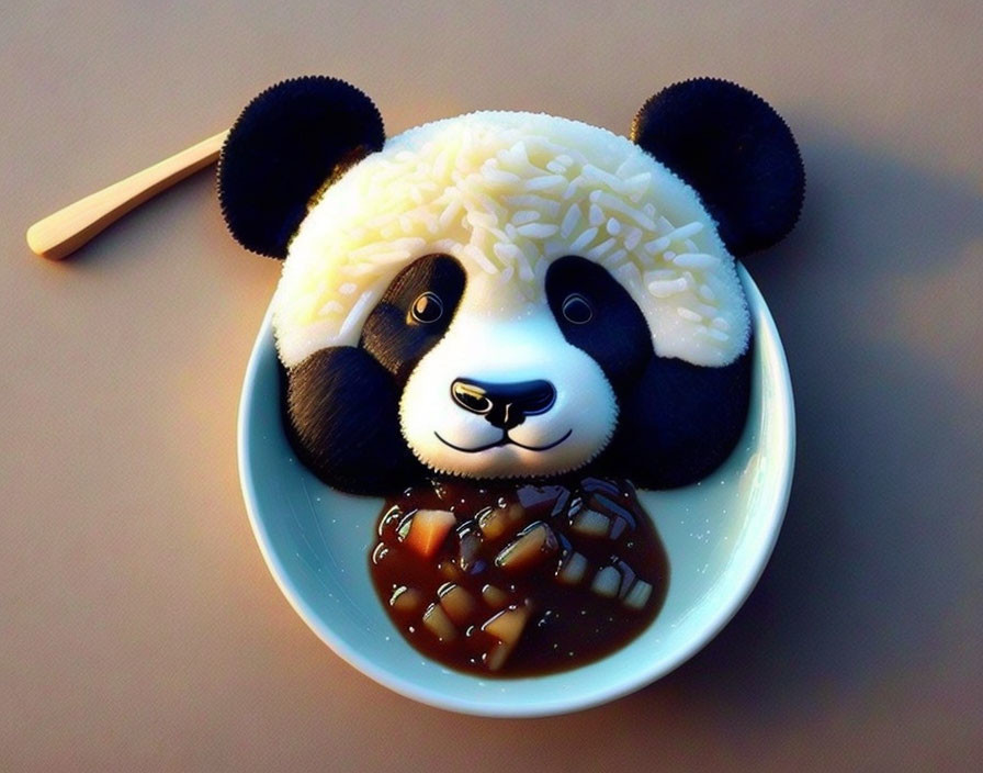 Panda Face Food Presentation with Rice and Seaweed in White Bowl