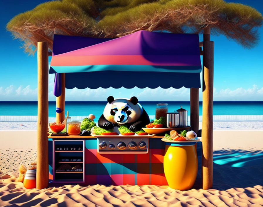 Vibrant panda-themed beach bar with fruity drinks by the sea