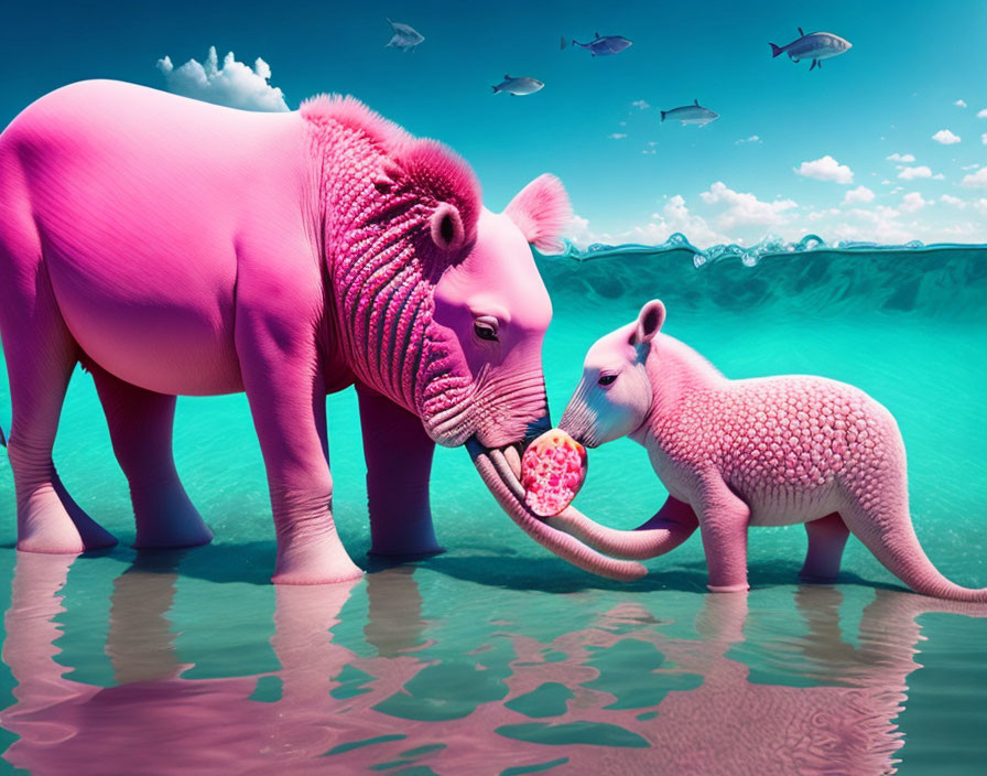 Two Pink Elephants Touch Trunks in Teal Waters Under Blue Sky