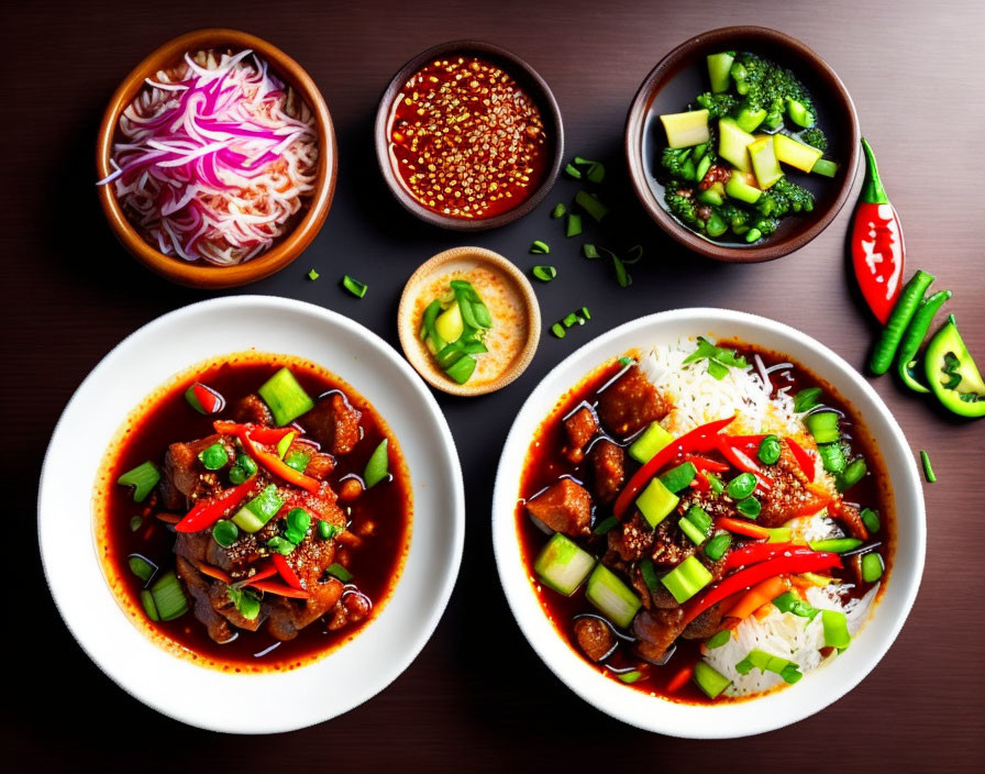 Colorful Asian Cuisine Spread with Rice, Meat, Vegetables, Broccoli, Sauce, and Salad