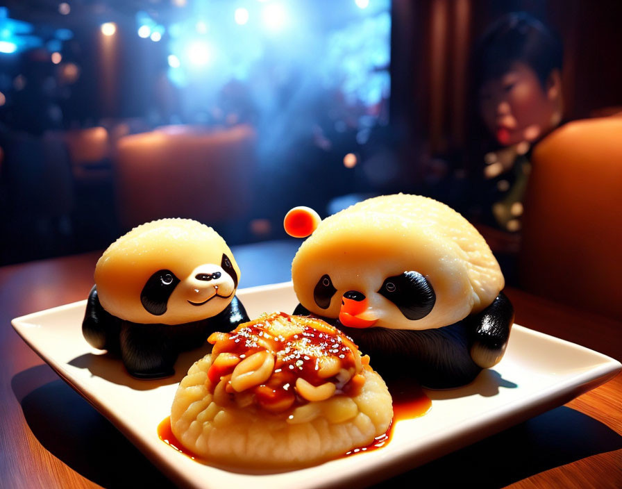 Panda-shaped dumplings with spicy sauce on a plate in cozy restaurant setting