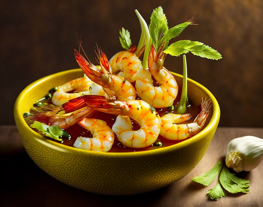 Spicy shrimp soup with fresh herbs and garlic on wooden table