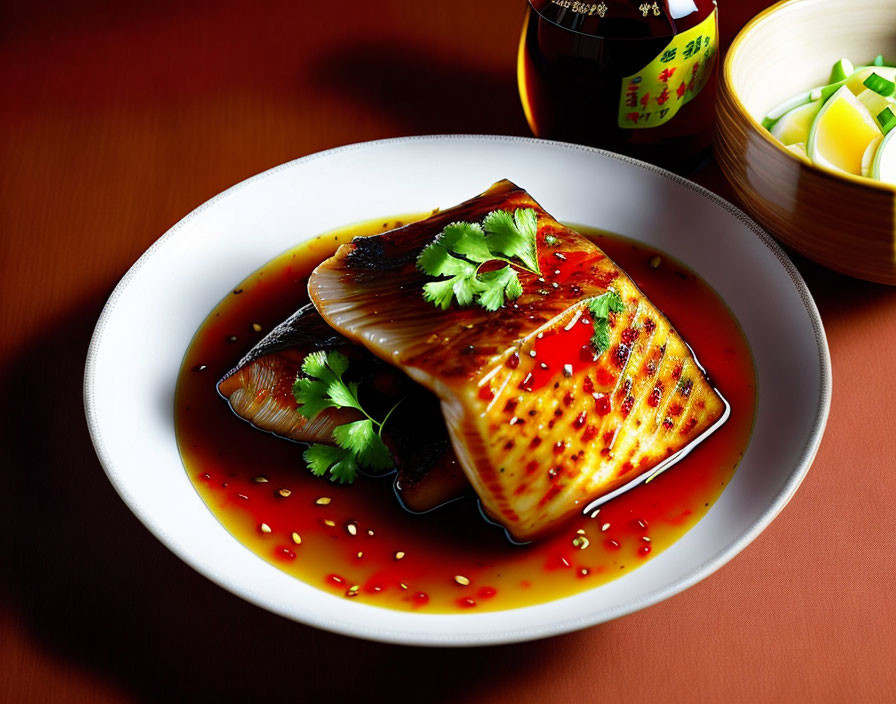 Grilled tofu with spicy glaze, cilantro, pickled vegetables, and soy sauce