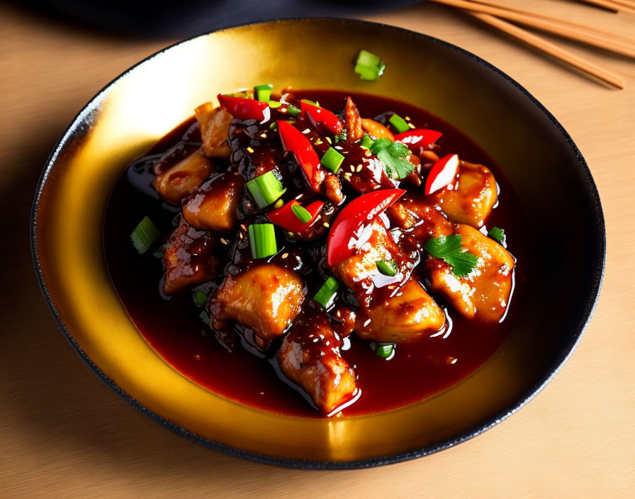 Savory Asian-style chicken bowl with sesame seeds, green onions, and chili garnish