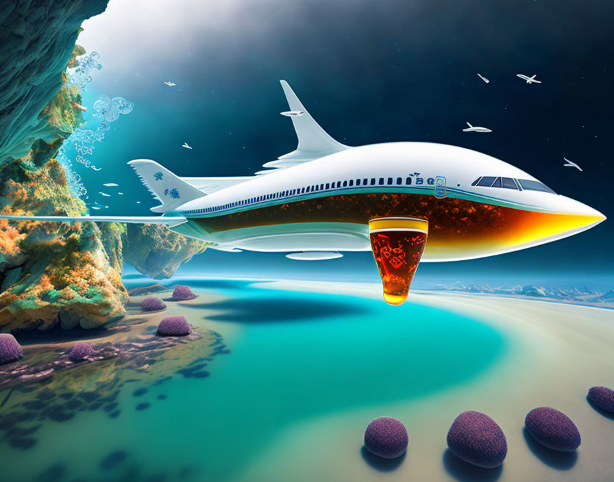 Surreal image: Low-flying plane over tropical beach with purple sea urchins