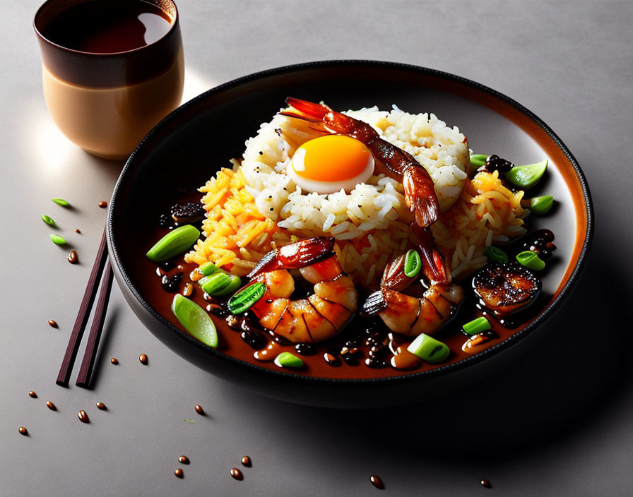 Rice Bowl with Prawns, Yolk, Veggies, and Dark Sauce Displayed with