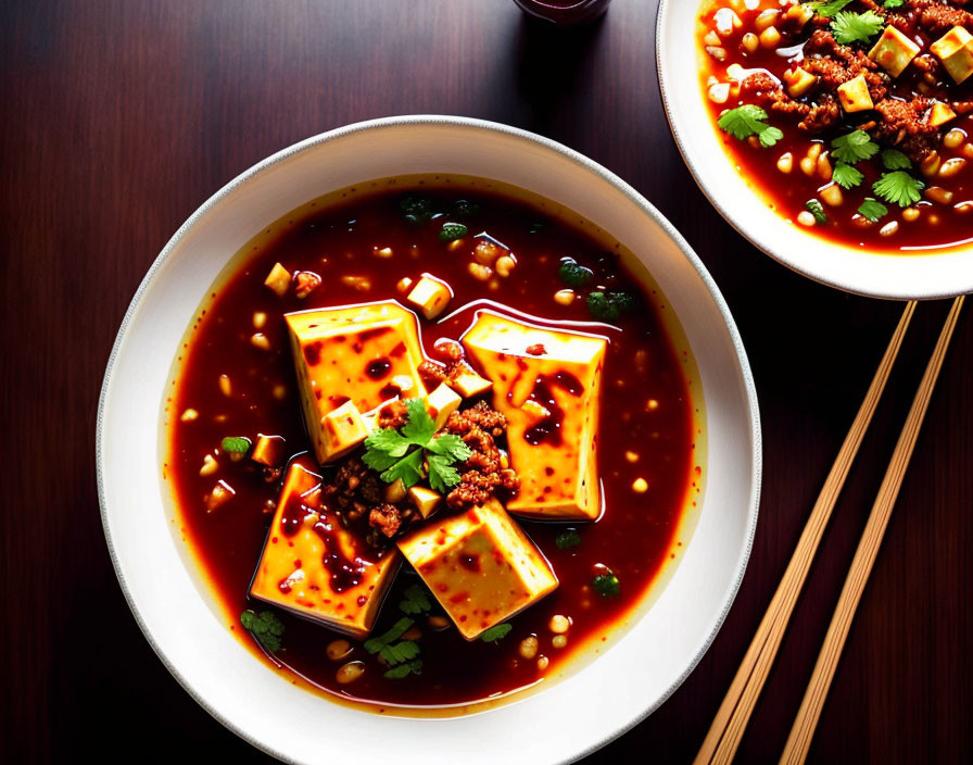 Spicy Mapo Tofu Bowl with Chili Oil and Green Onions