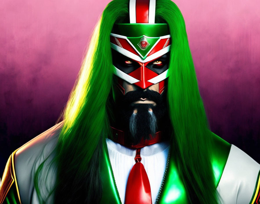 Character with Green Hair Wearing Stylized Mask and Armored Suit