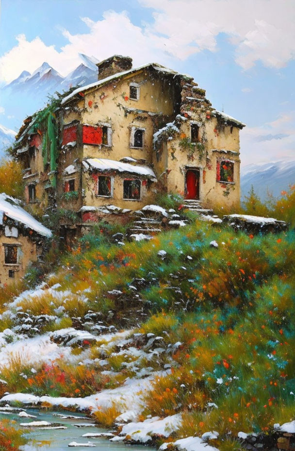 Weathered multi-story house with red windows amid wildflowers and snow, mountains in distance