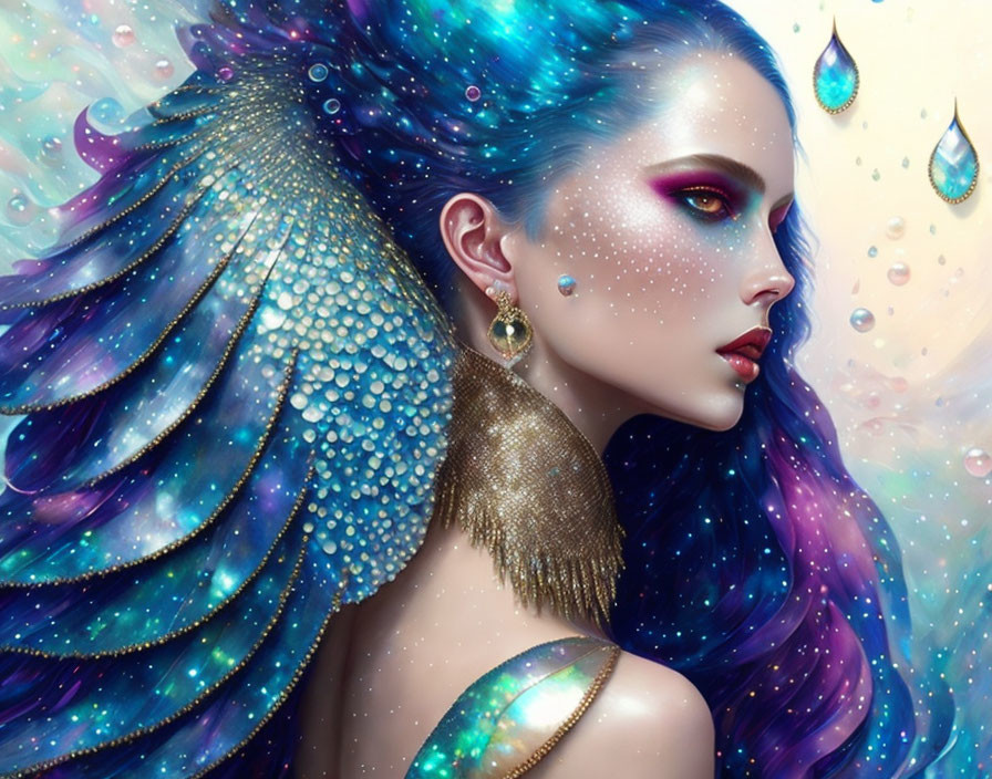 Vibrant blue and purple hair woman with peacock feather earrings on shimmering backdrop