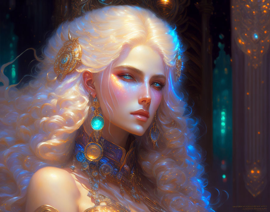 Portrait of fantasy woman with luminous skin and wavy blonde hair.