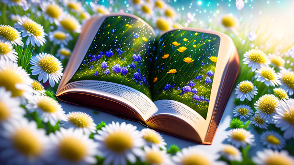 Illustrated Open Book with Meadow Pages and Real Field of Daisies