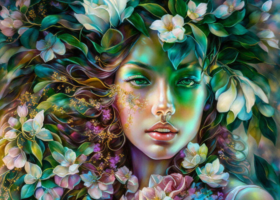 Colorful painting of woman with floral crown and nature-inspired adornments.