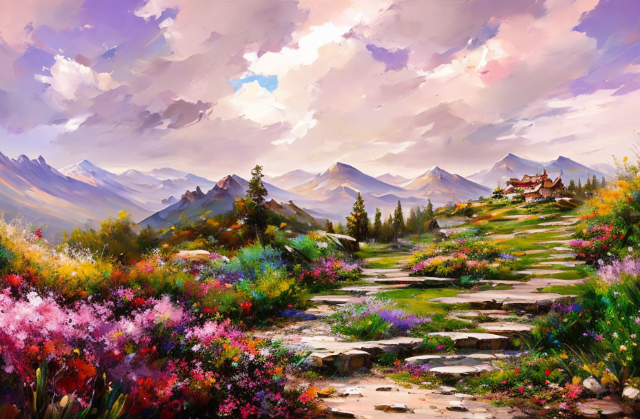 Colorful landscape painting with stone path, flower-filled meadows, house, misty mountains, past