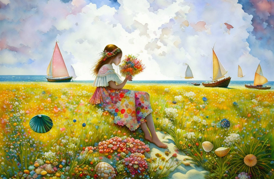 Girl with bouquet in vibrant flower field with sailboats in distance