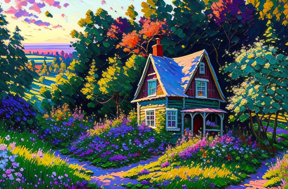 Colorful Sunset Sky Over Quaint Cottage and Lush Flora