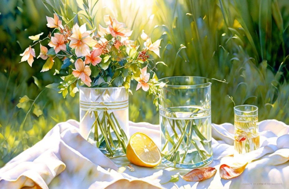 Colorful Still Life Painting with Flowers, Lemon, and Glassware