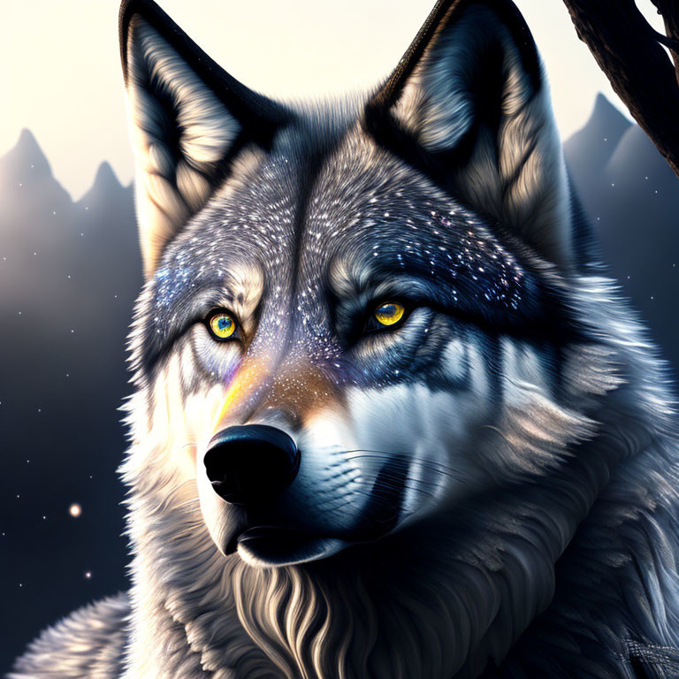 Realistic Digital Illustration of Majestic Wolf with Yellow Eyes in Twilight Setting