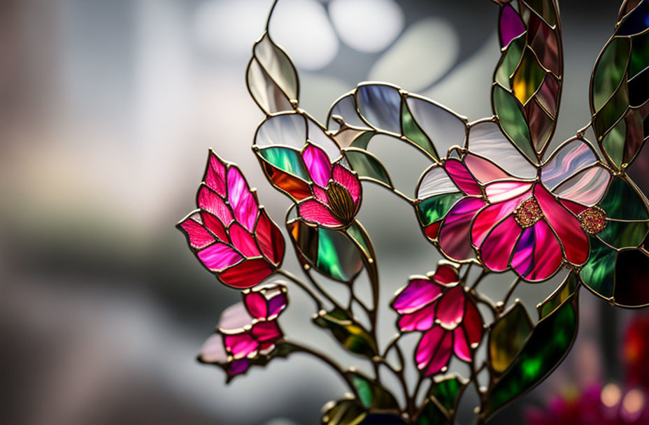 Colorful Stained Glass Artwork of Pink and Red Flowers