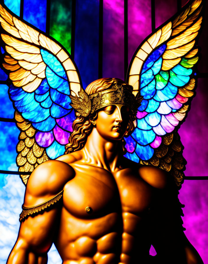 Multicolored angel statue with blindfold against stained glass backdrop