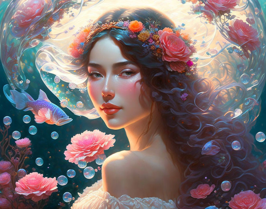 Portrait of woman with floral crown, fish, bubbles, and flowing hair in ethereal underwater scene