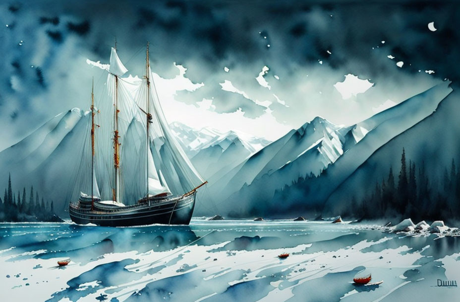 Sailboat in icy waters with snow-capped mountains