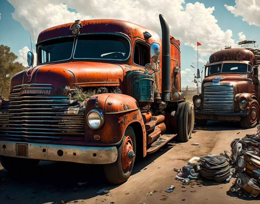 Abandoned vintage trucks with peeling paint under cloudy sky