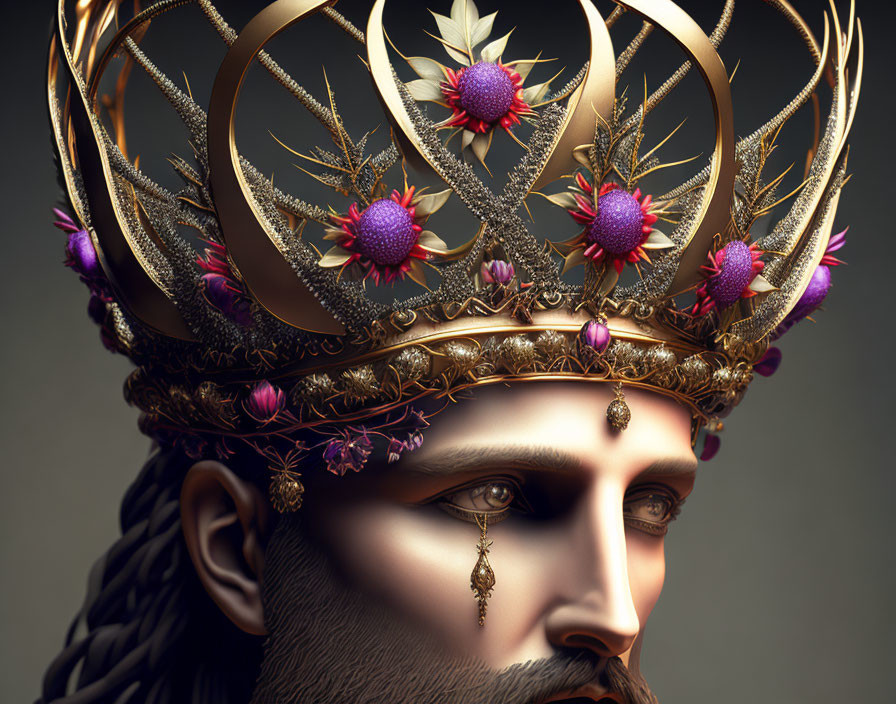 Detailed digital portrait: Bearded man with ornate golden crown and pink flowers.