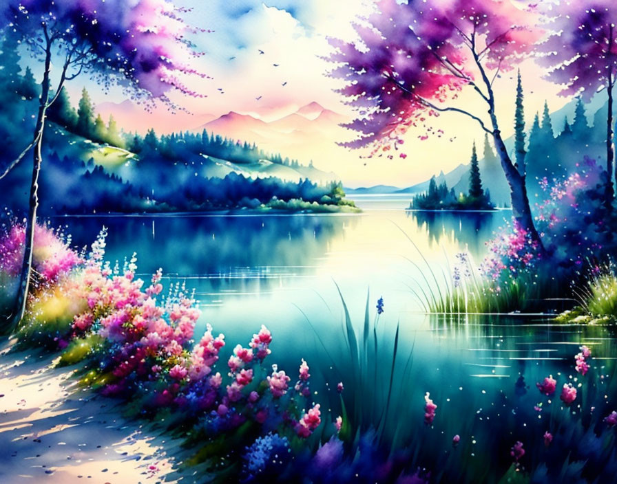 Colorful Landscape Painting with Trees, Flowers, Lake, and Mountains at Twilight