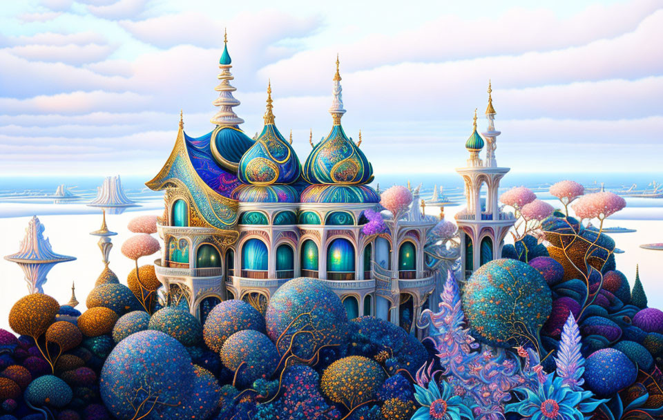 Colorful Fantastical Landscape with Ornate Palace and Sailboats