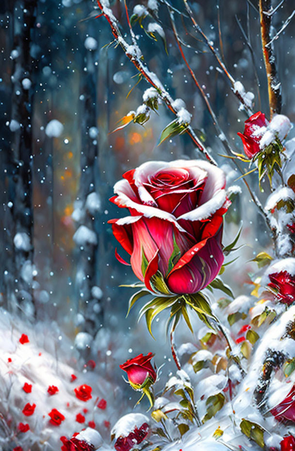 Red Rose with White Snow in Wintry Scene