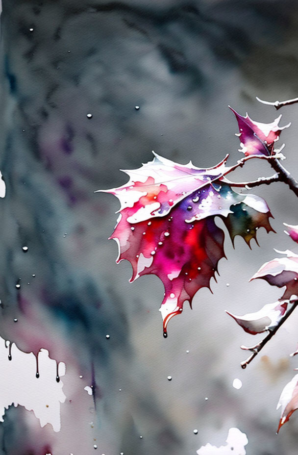 Vibrant watercolor painting of multicolored leaves with water droplets