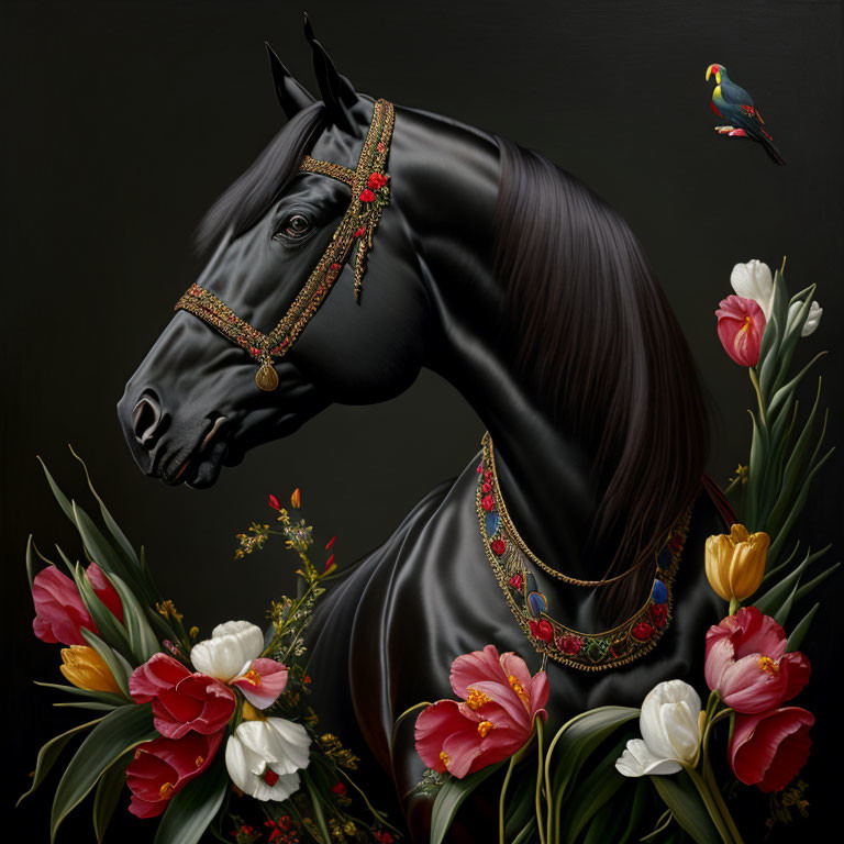 Black horse with ornate jewelry surrounded by vibrant tulips and bird on dark background