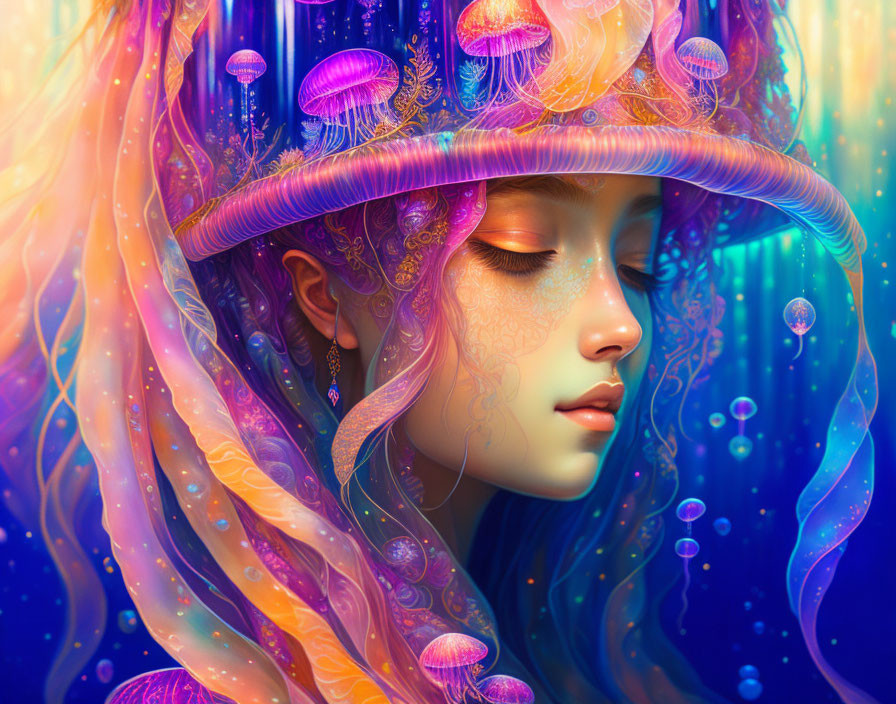 Colorful portrait of woman with jellyfish in hair: vibrant and dreamlike.