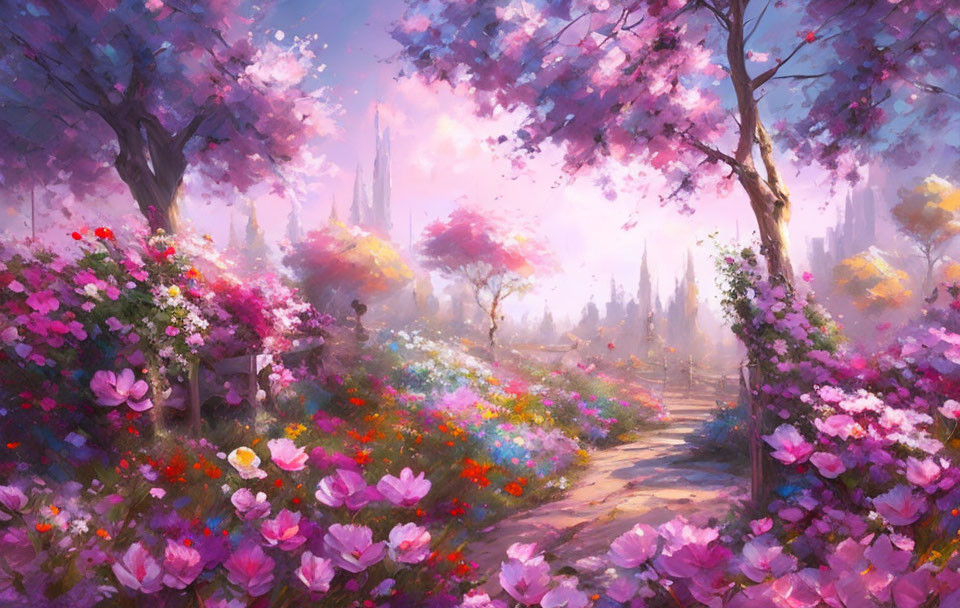 Enchanted pink tree pathway to distant ethereal spires