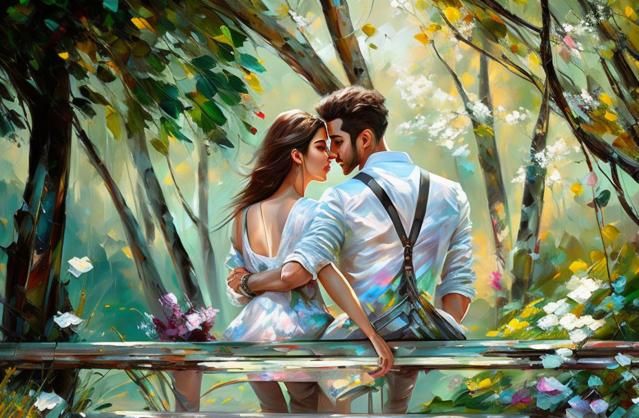 Intimate couple on bridge in vibrant forest with blossoming flowers