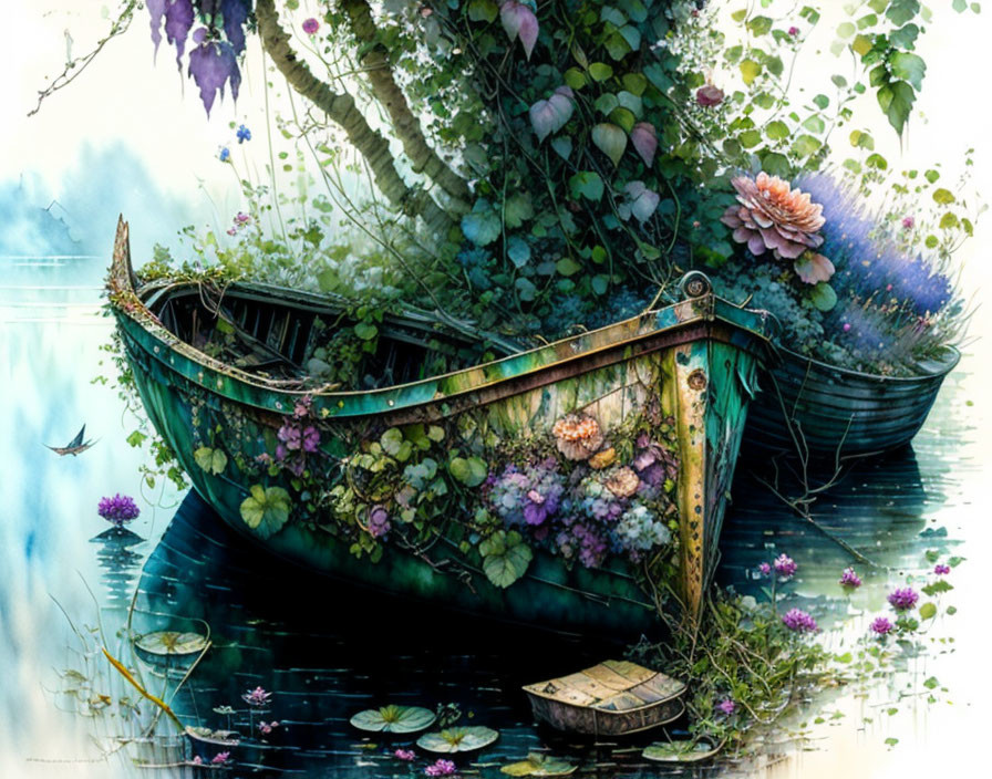 Weathered wooden boat adorned with vibrant flowers peacefully drifting on calm water.