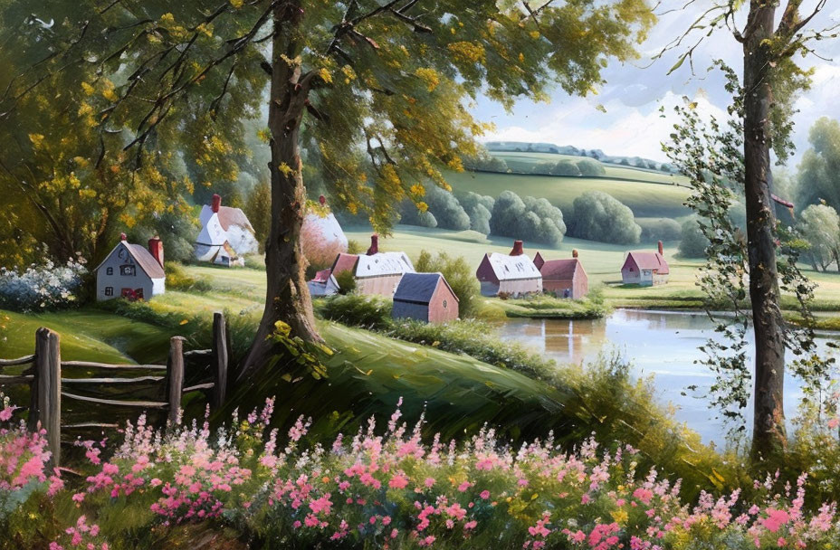 Rural Cottages by Pond with Blooming Flowers