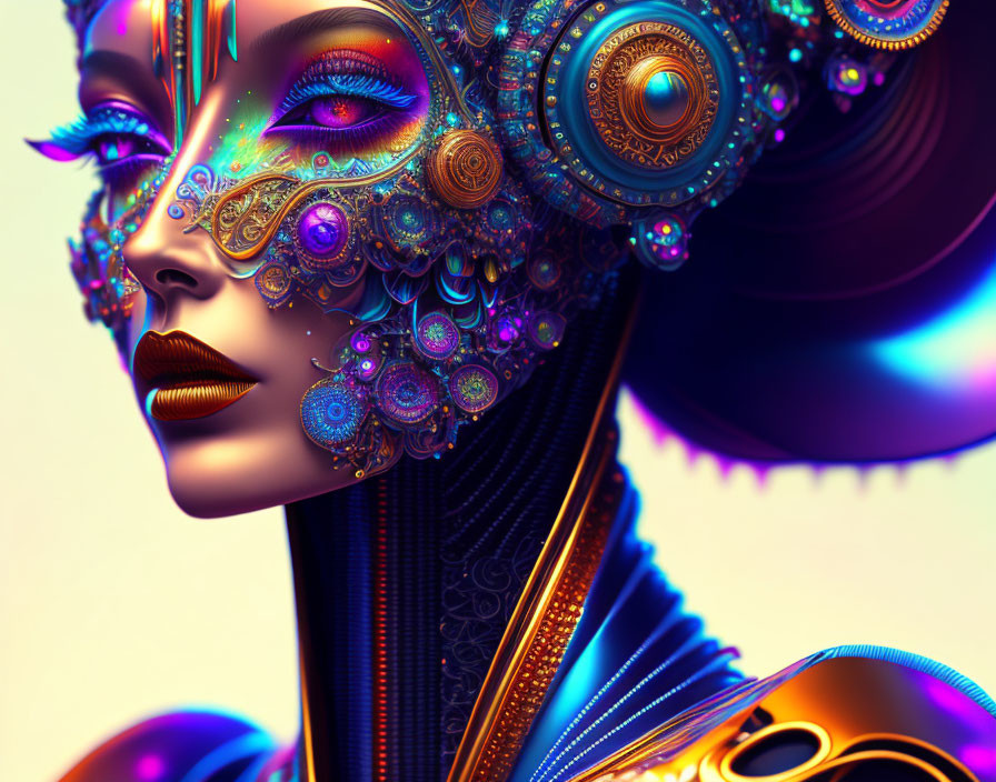 Futuristic digital art: Woman with ornate mechanical headdress in blue and gold tones