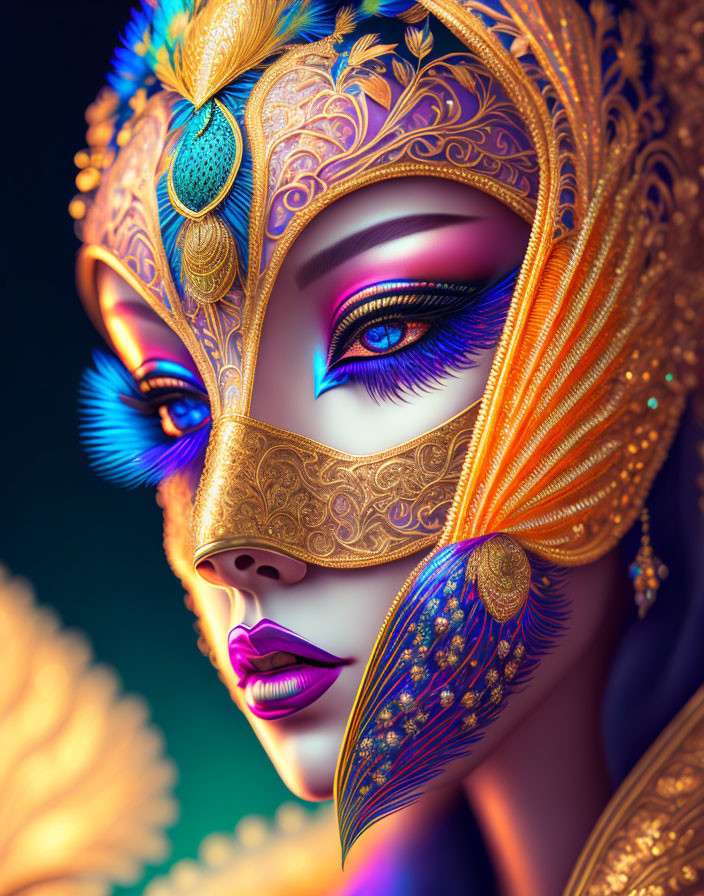 Colorful digital portrait of woman in gold and peacock feather mask