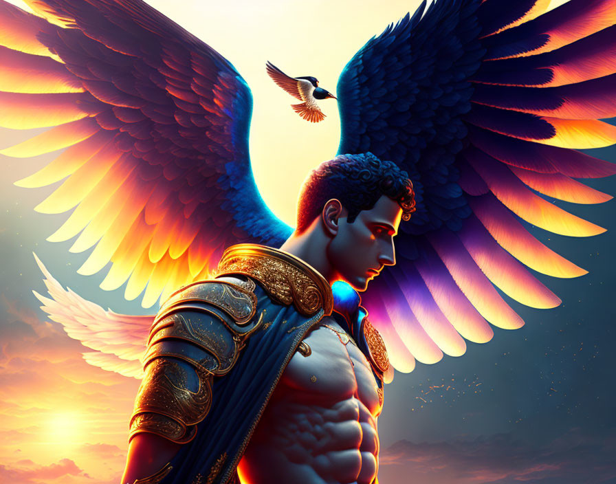 Colorful Winged Figure in Armor Against Sunset Sky