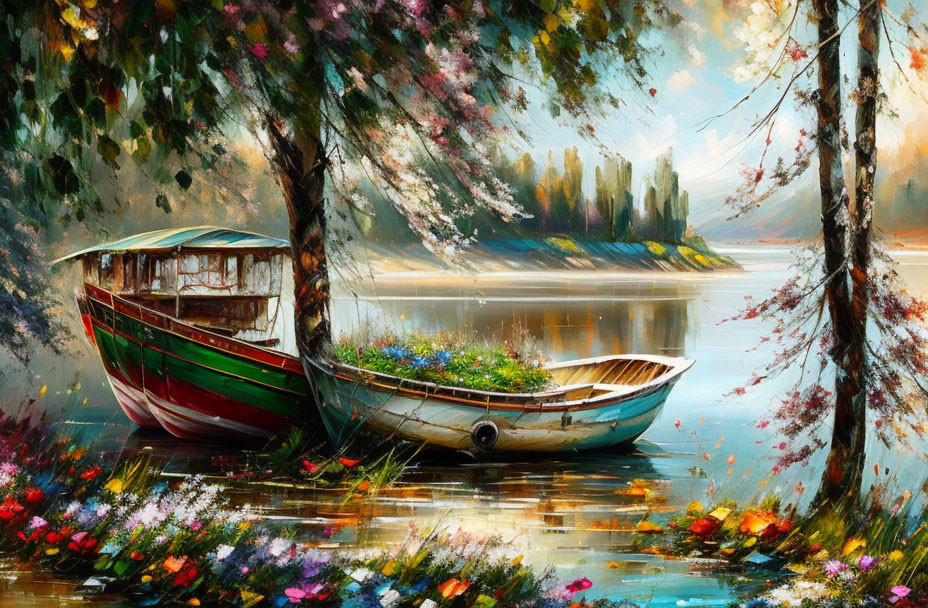 Colorful boats by tranquil riverside with vibrant flowers and misty forest.