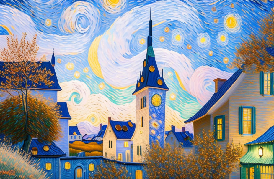 Colorful swirling skies, stars, clock tower, and quaint houses in Van Gogh-inspired painting