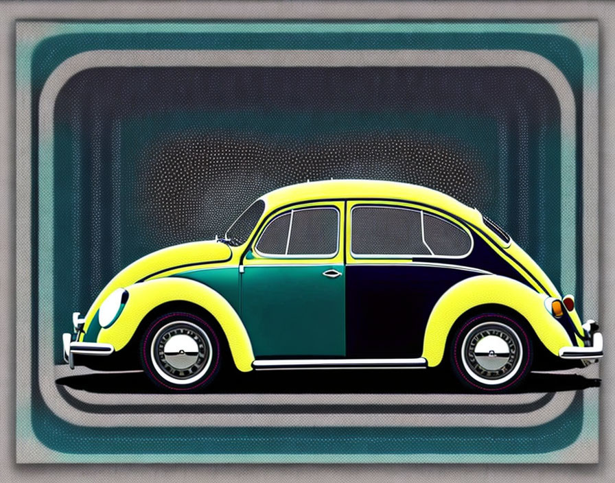 Stylized illustration of yellow navy Volkswagen Beetle on retro background